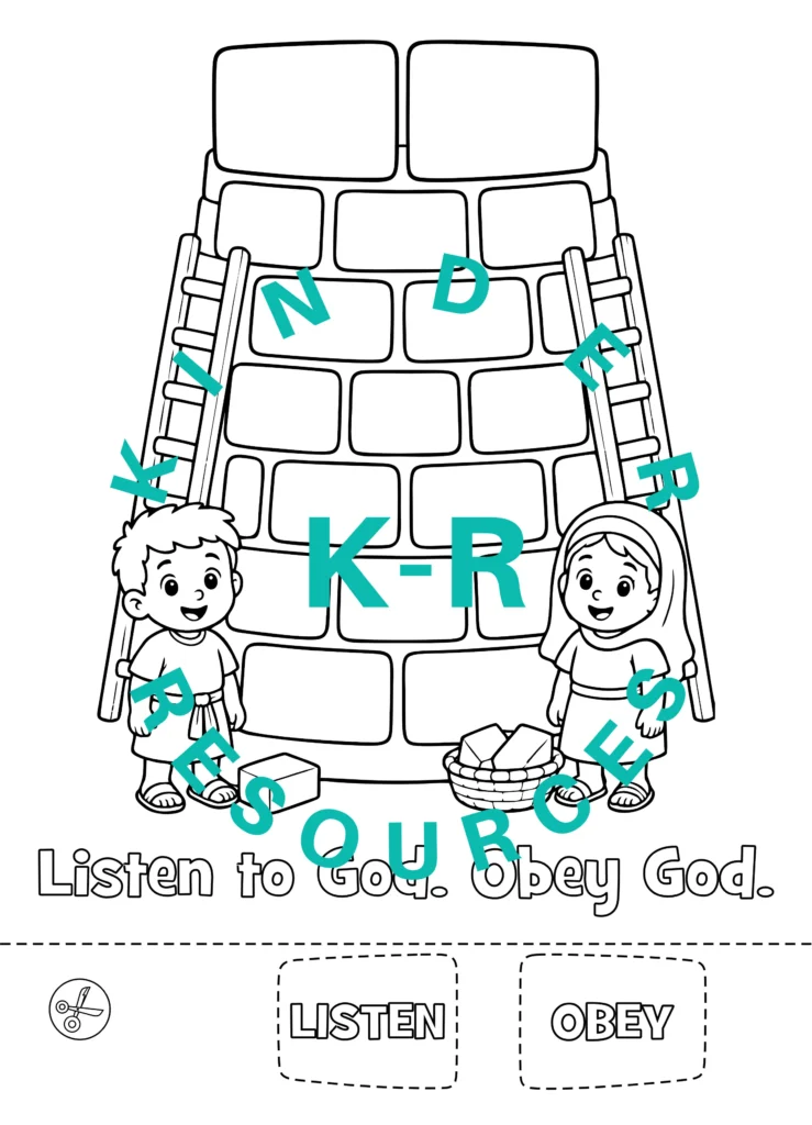 Tower of Babel preschool craft with children, bricks, and the words Listen to God and Obey God