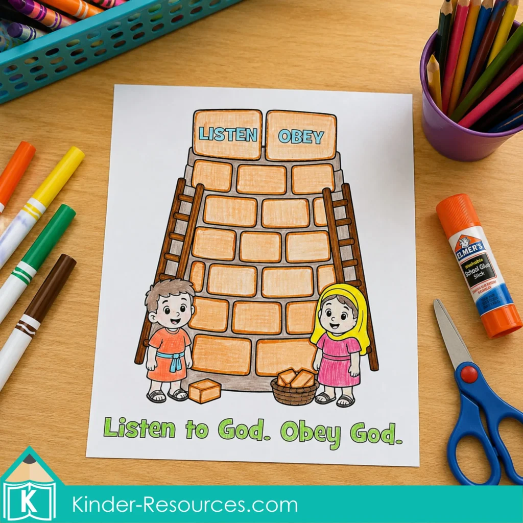 Tower of Babel preschool craft with children, bricks, and the words Listen to God and Obey God