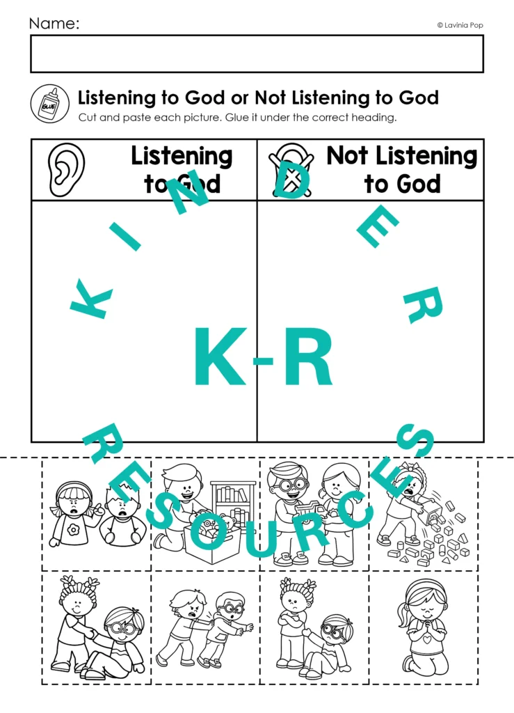 Tower of Babel listening to God cut and paste worksheet sorting pictures into Listening to God and Not Listening to God categories