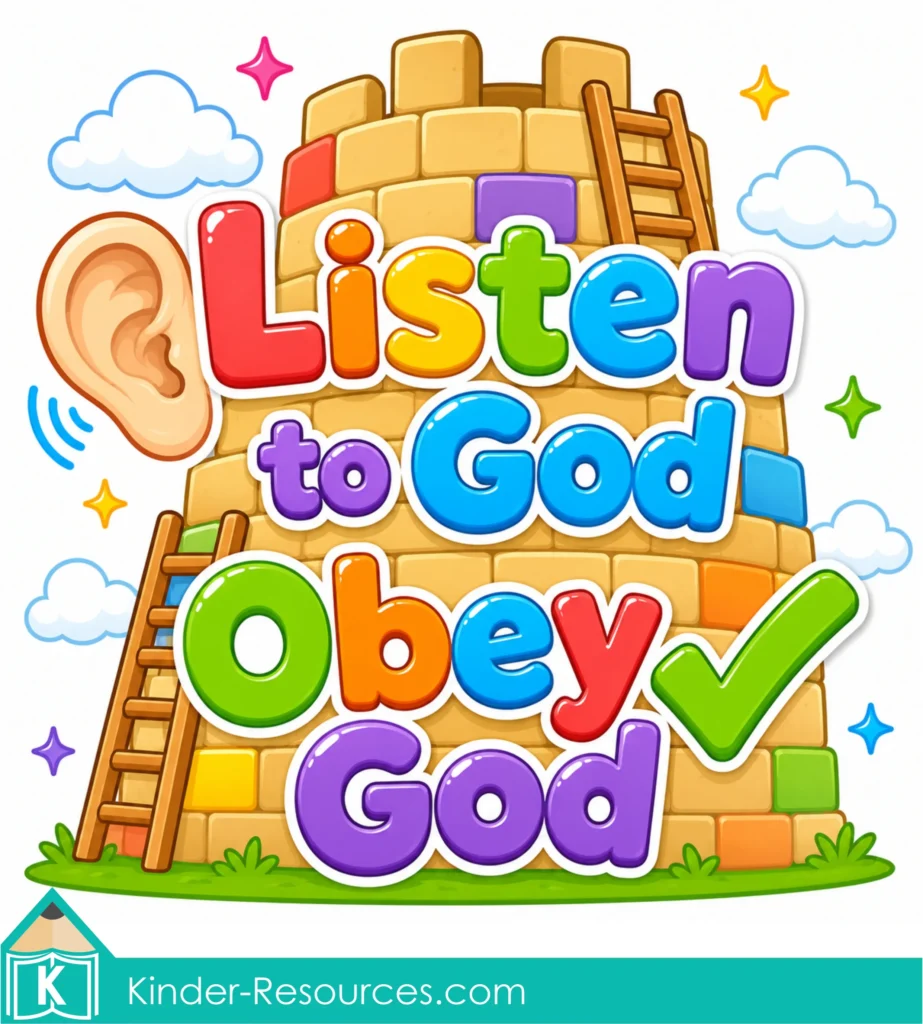 Colorful Listen to God Obey God Tower of Babel with bright letters, an ear icon, ladders, and a brick tower for preschool Bible lessons