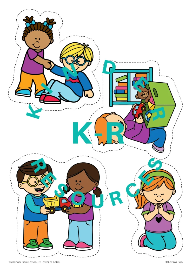 Tower of Babel preschool sorting cards with children helping, praying, sharing, and cleaning up