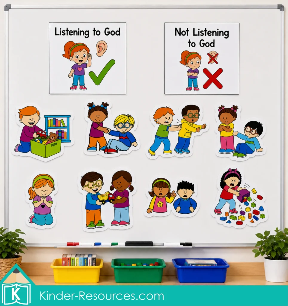 Tower of Babel preschool sorting activity with picture cards placed under Listening to God and Not Listening to God headings