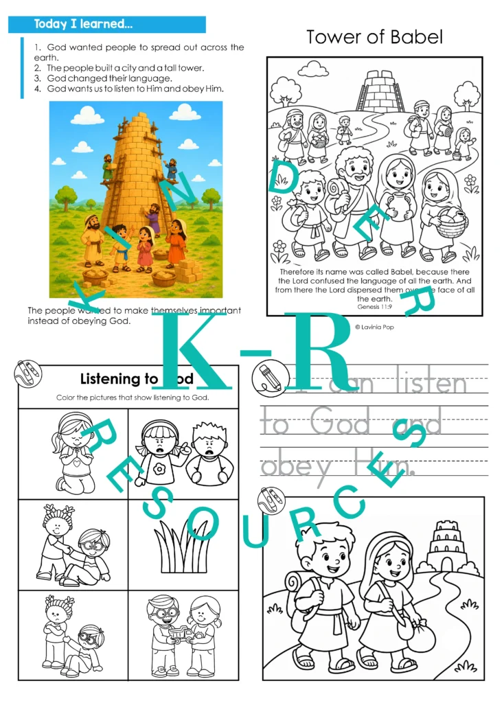 Tower of Babel preschool take home booklet pages with coloring, tracing, and listening to God activities