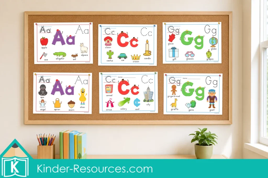 Six colorful alphabet posters displayed on a classroom bulletin board with uppercase and lowercase letters, formation guides and beginning sound pictures.