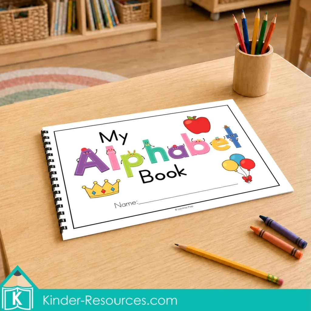 Spiral-bound Alphabet Coloring Book displayed on a preschool table with colored pencils, crayons and a classroom background.
