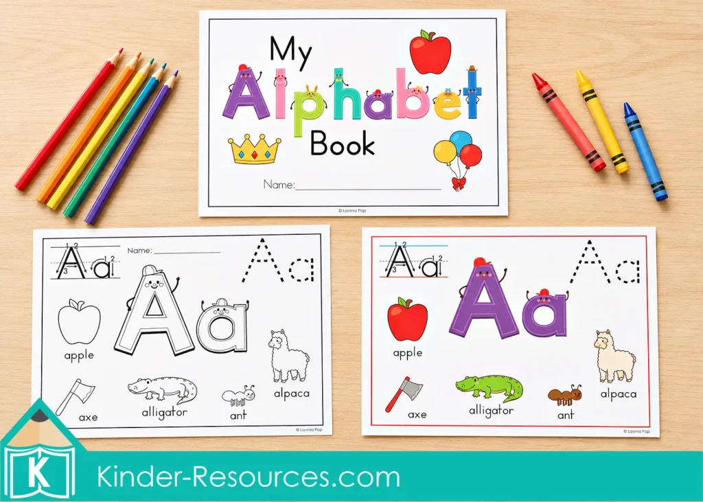 Alphabet Coloring Book cover displayed with the Letter A black-and-white coloring page and matching full-color alphabet poster.