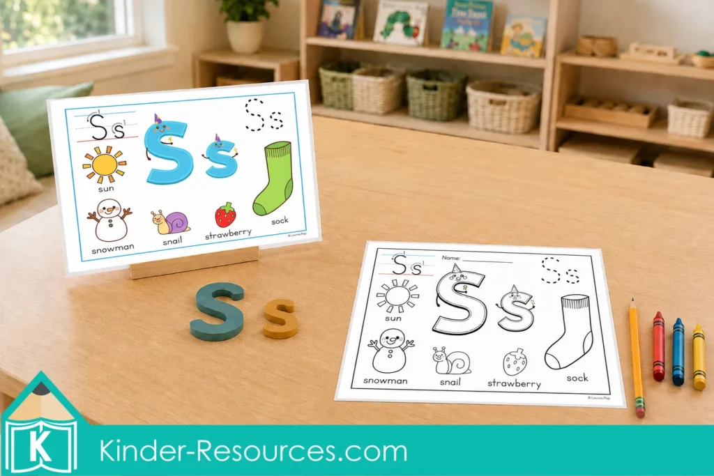 Letter S alphabet poster and matching coloring page displayed in a preschool literacy center with wooden letters, crayons and a pencil.