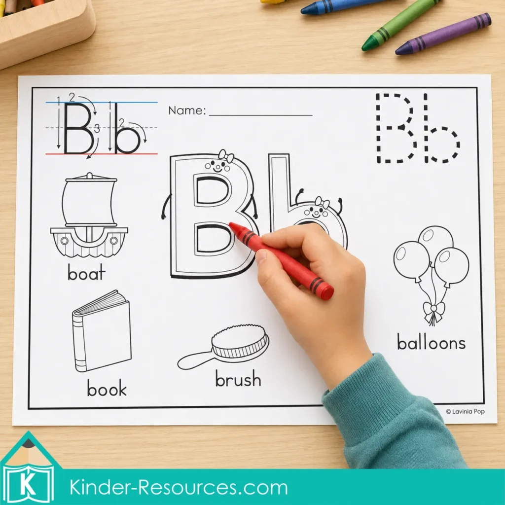 Child coloring the uppercase Letter B on an alphabet coloring page with letter formation guides and labeled beginning sound pictures.