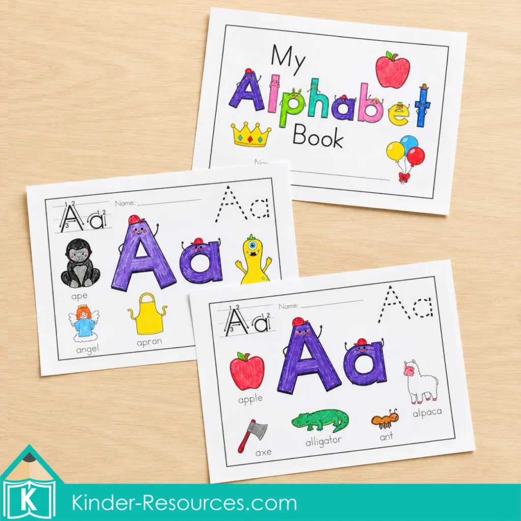 Alphabet Coloring Book cover with two completed Letter A coloring pages featuring long and short A beginning sound vocabulary.