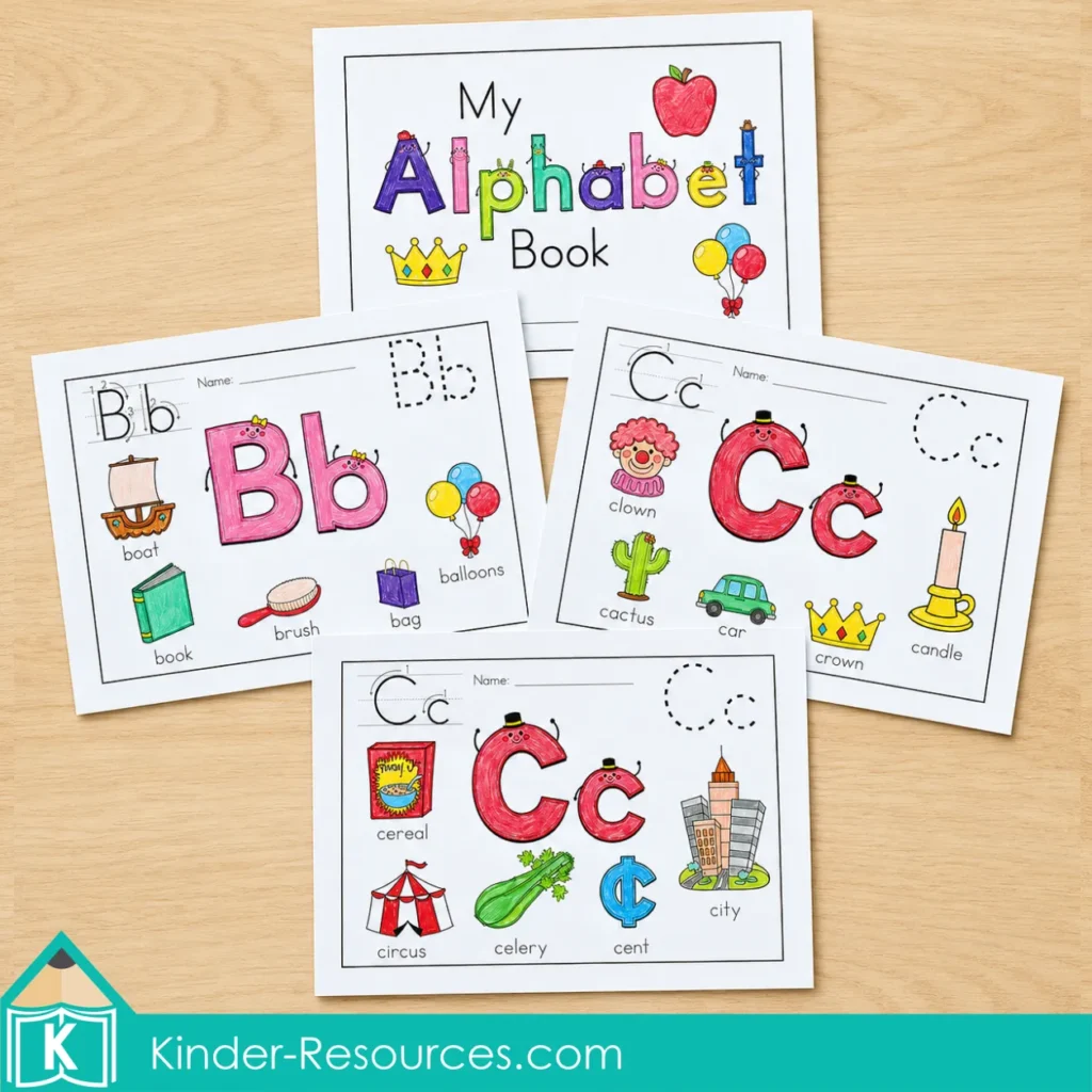 Alphabet Coloring Book cover with completed Letter B pages and Letter C coloring pages featuring hard and soft C beginning sound pictures