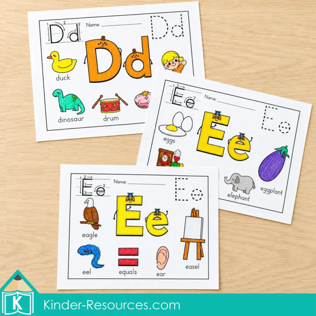 Completed Letter D and Letter E alphabet coloring pages showing beginning sound pictures for long and short E sounds.