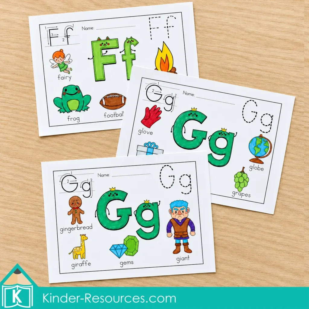 Completed Letter F and Letter G alphabet coloring pages with labeled beginning sound pictures and colored pencils on a light oak table.