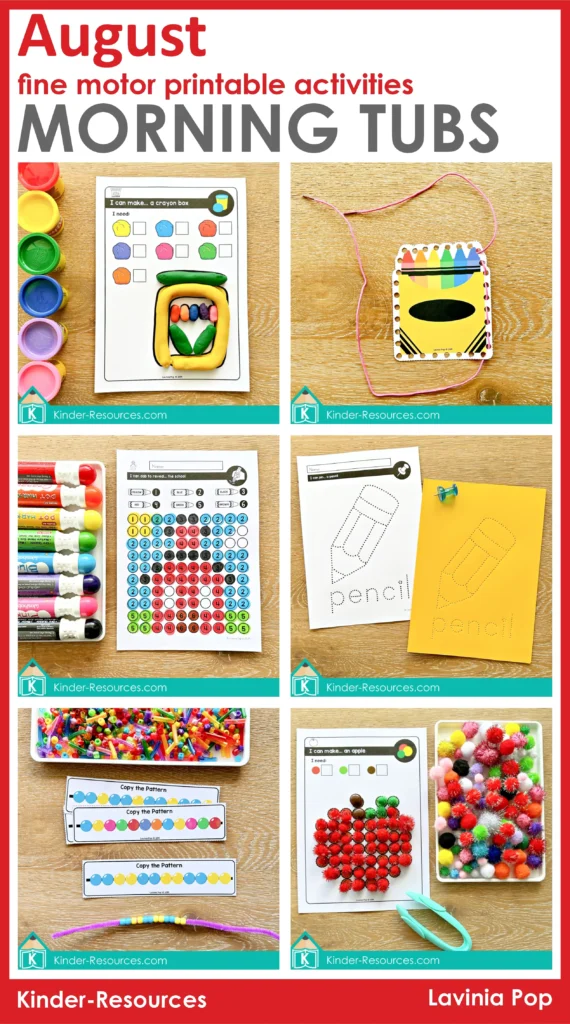 Fine Motor Morning Bins for August featuring playdough, lacing, dot marker, pokey pin, bead pattern and pom pom activities for Preschool and Kindergarten.
