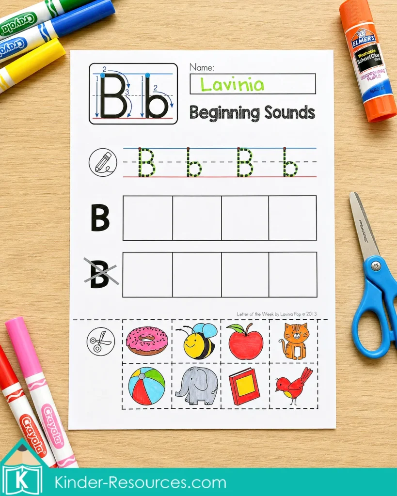 Letter B beginning sounds cut and paste worksheet for kindergarten phonics, initial sound identification, uppercase and lowercase letter tracing, picture sorting, and fine motor practice.