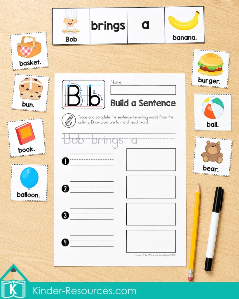 Letter B phonics build a sentence worksheet for kindergarten with CVC word picture cards, sentence building and handwriting practice.
