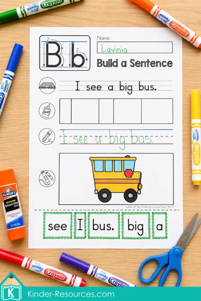 Letter B build a sentence worksheet for kindergarten phonics, sentence sequencing, sight word practice, handwriting, cut and paste, and early writing.