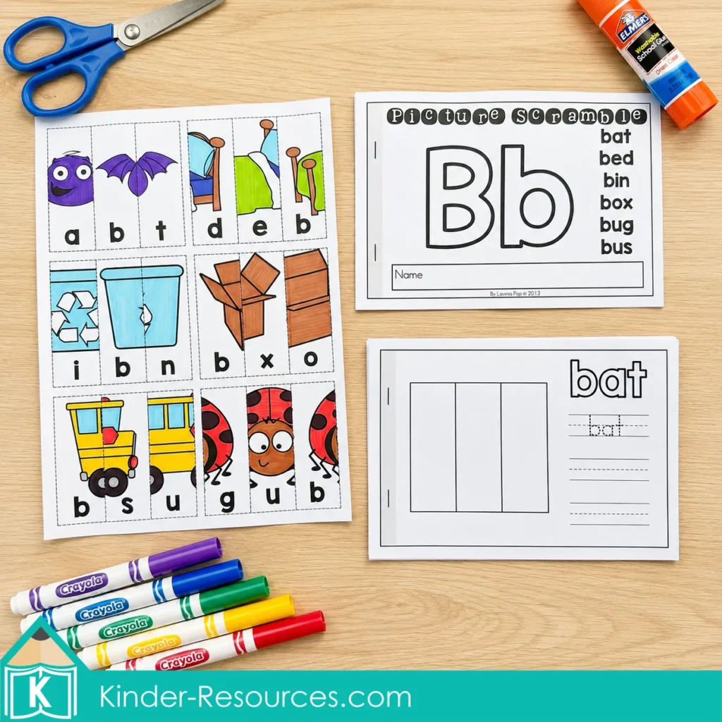 Letter B CVC word picture scramble activity for kindergarten phonics, beginning sounds, word building, letter sequencing, and cut and paste practice.