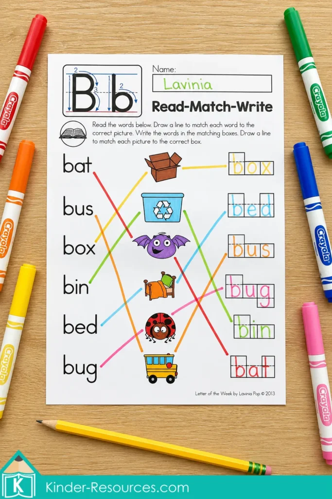 Letter B read match write worksheet for kindergarten phonics, CVC word reading, picture matching, spelling, handwriting, and early literacy practice.