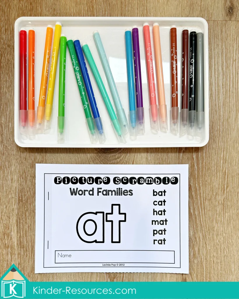 CVC Word Family Picture Puzzles at word family page with markers, scissors, and glue for kindergarten phonics practice.