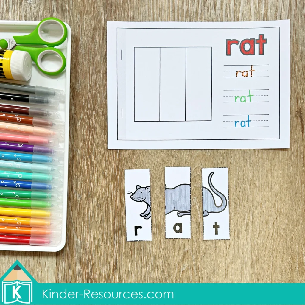 CVC Word Family Picture Puzzles rat worksheet with blank puzzle frame and cut pieces ready to build the word rat.