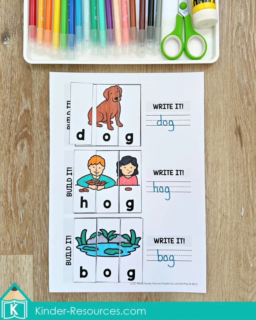 Completed CVC Word Family Picture Puzzles worksheet showing dog, hog, and bog picture puzzles with written words.
