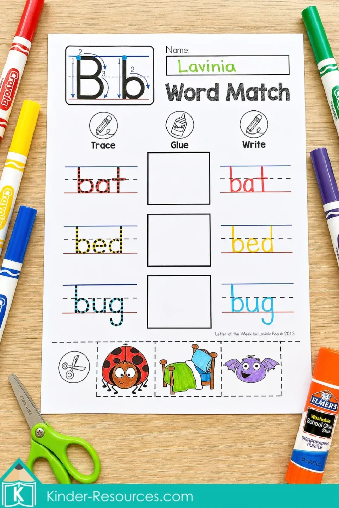 Letter B CVC word match worksheet for kindergarten phonics, reading, tracing, handwriting, picture matching, cut and paste, and fine motor practice.