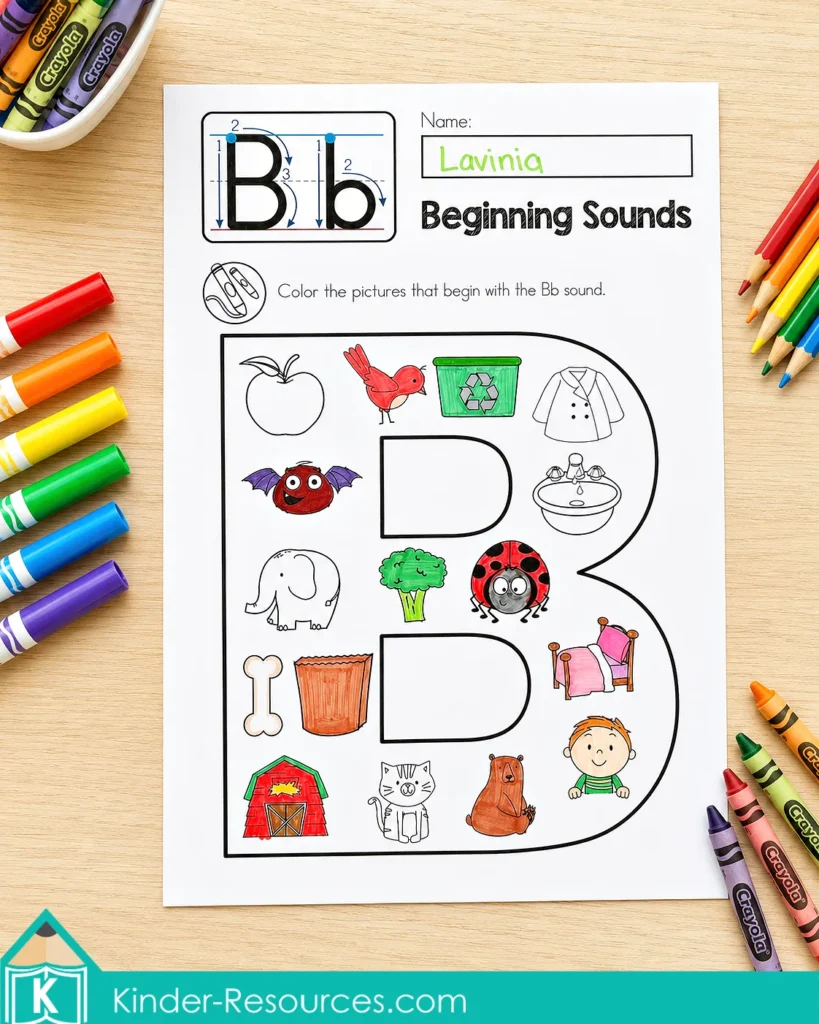 Letter B beginning sounds worksheet for kindergarten phonics, initial sound identification, alphabet recognition, vocabulary development, and coloring practice.