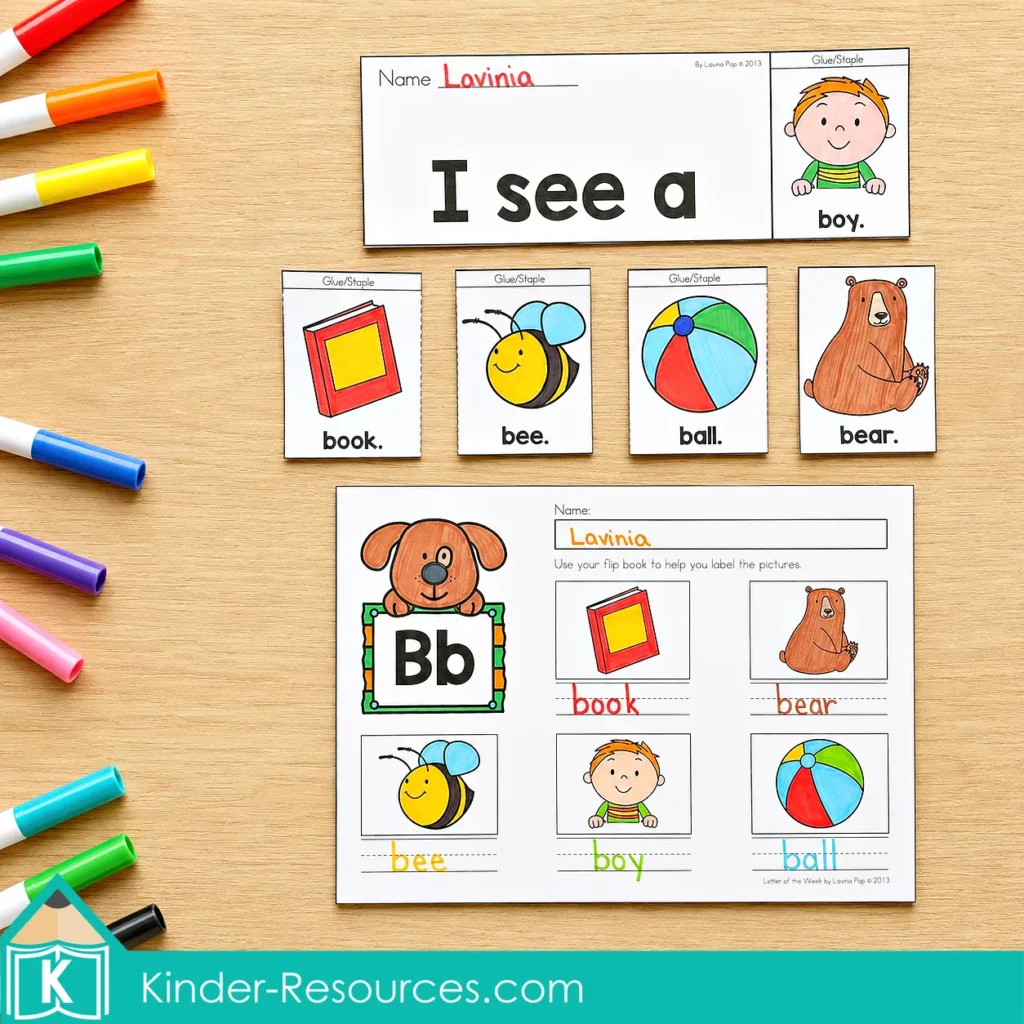 Letter B vocabulary labeling worksheet for kindergarten phonics, beginning sounds, picture word practice, and handwriting.