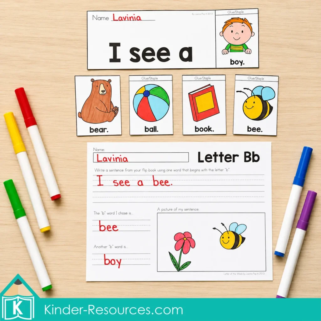 Letter B sentence writing worksheet for kindergarten phonics, beginning sounds, vocabulary, handwriting, and drawing comprehension practice.