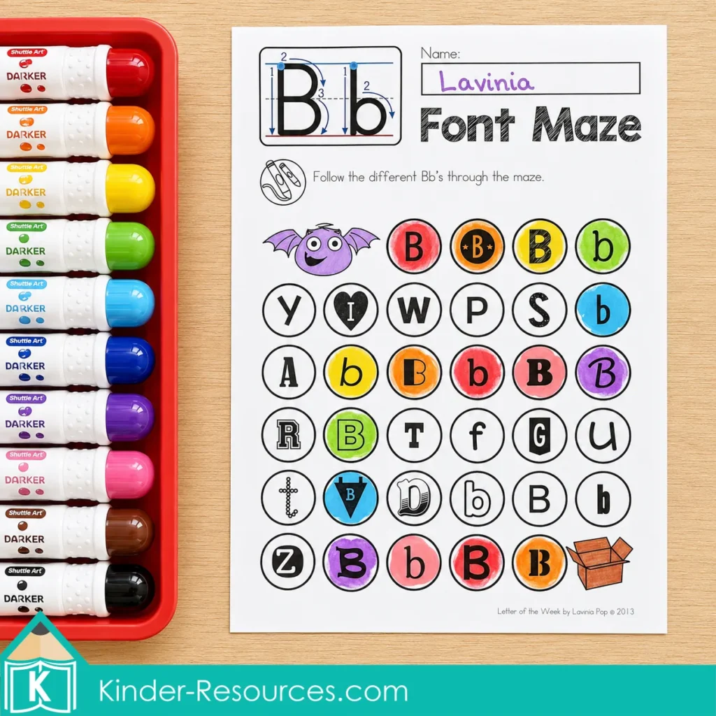 Letter B font discrimination maze for kindergarten phonics, uppercase and lowercase letter recognition, alphabet identification, visual discrimination, and fine motor practice.