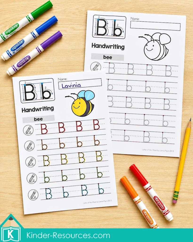 Letter B handwriting worksheets for kindergarten phonics, uppercase and lowercase letter formation, alphabet tracing, pencil control, and fine motor practice.