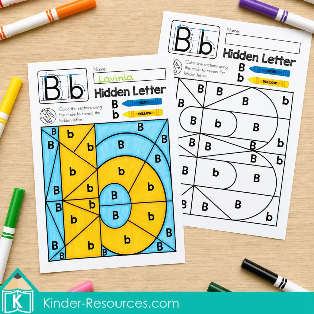 Letter B hidden letter worksheets for kindergarten phonics, uppercase and lowercase letter recognition, alphabet identification, color by code, and visual discrimination practice.
