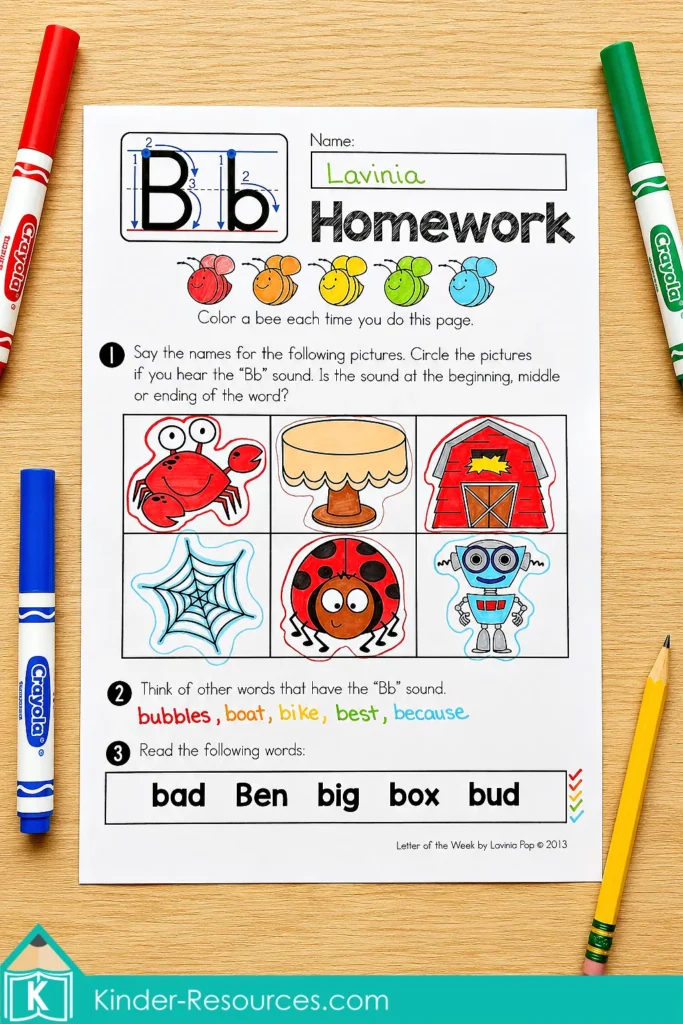 Letter B homework reading page for kindergarten phonics, sound position identification, CVC word decoding, beginning sounds, and early reading fluency.