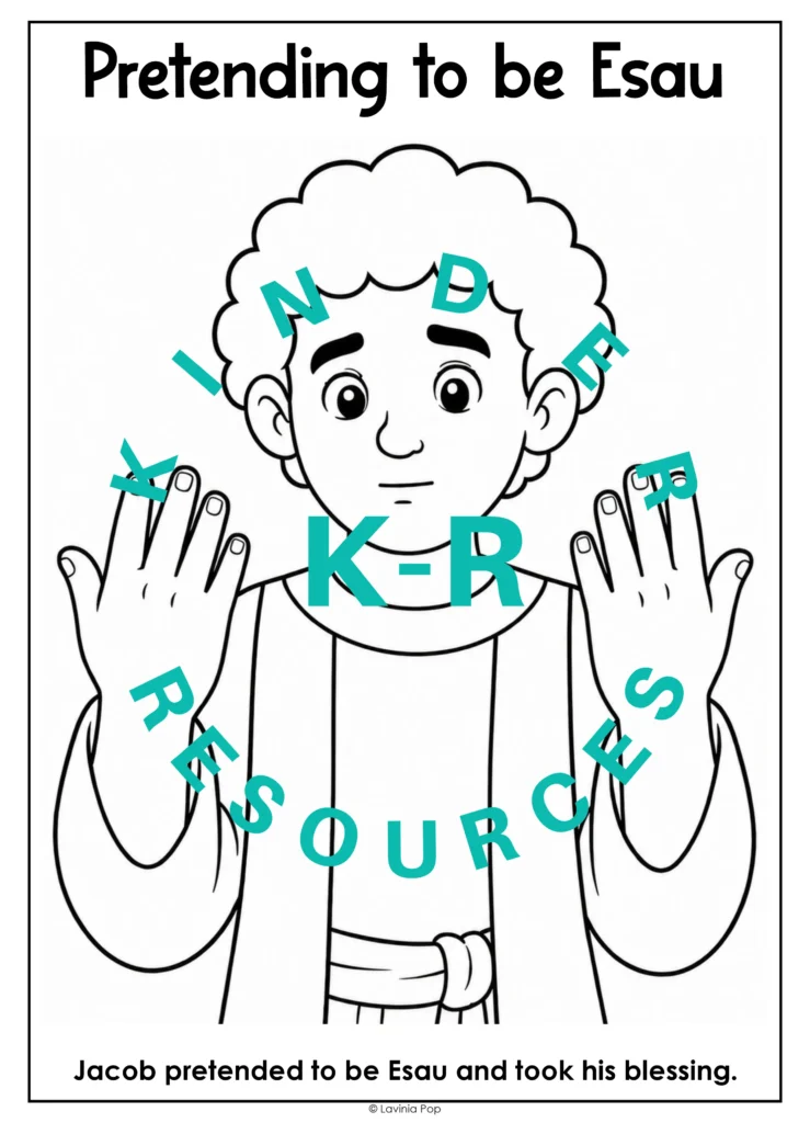 Printable Jacob Pretended to Be Esau craft template with areas for adding yarn to the backs of Jacob’s hands and around his neck.