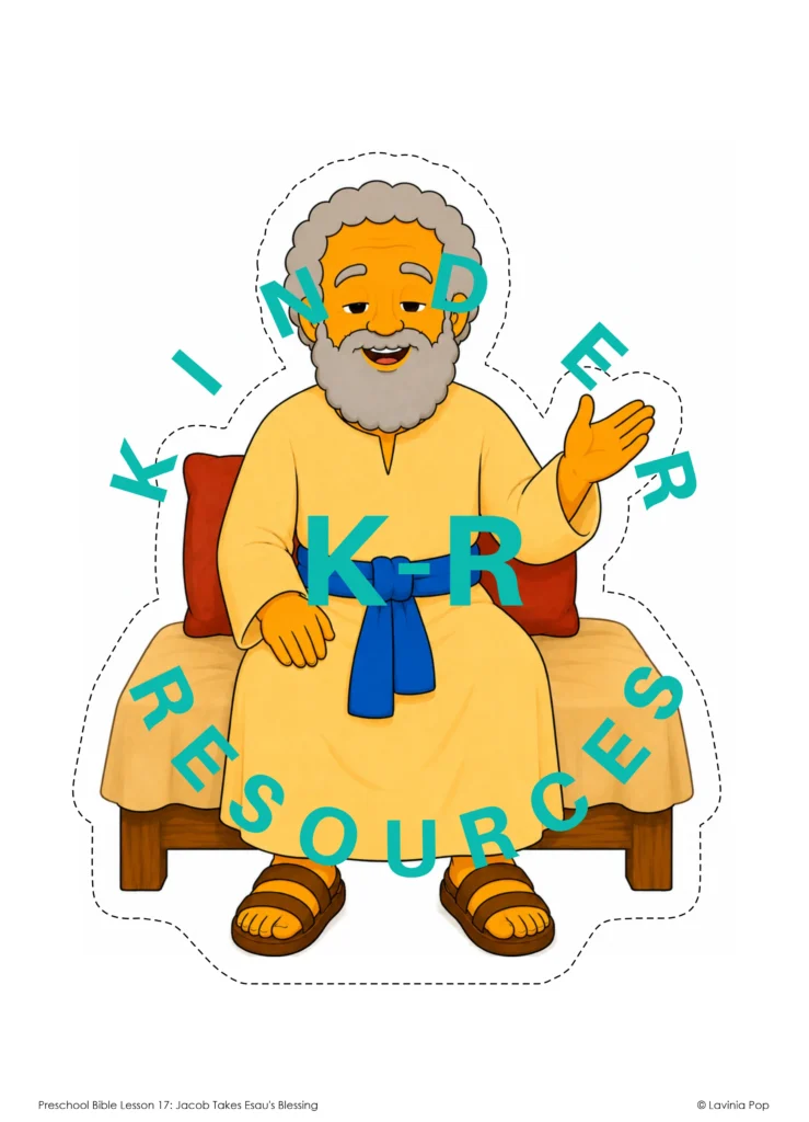 Printable Isaac character seated on his bed with half closed eyes and one hand raised for the Jacob Takes Esau’s Blessing lesson.