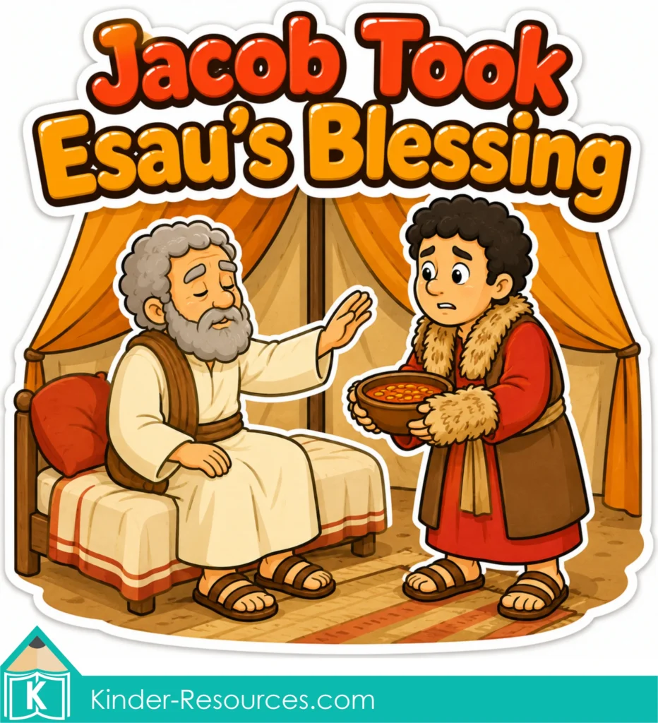 Colorful Jacob Took Esau’s Blessing lesson image showing Isaac seated inside the tent while Jacob brings him special food.