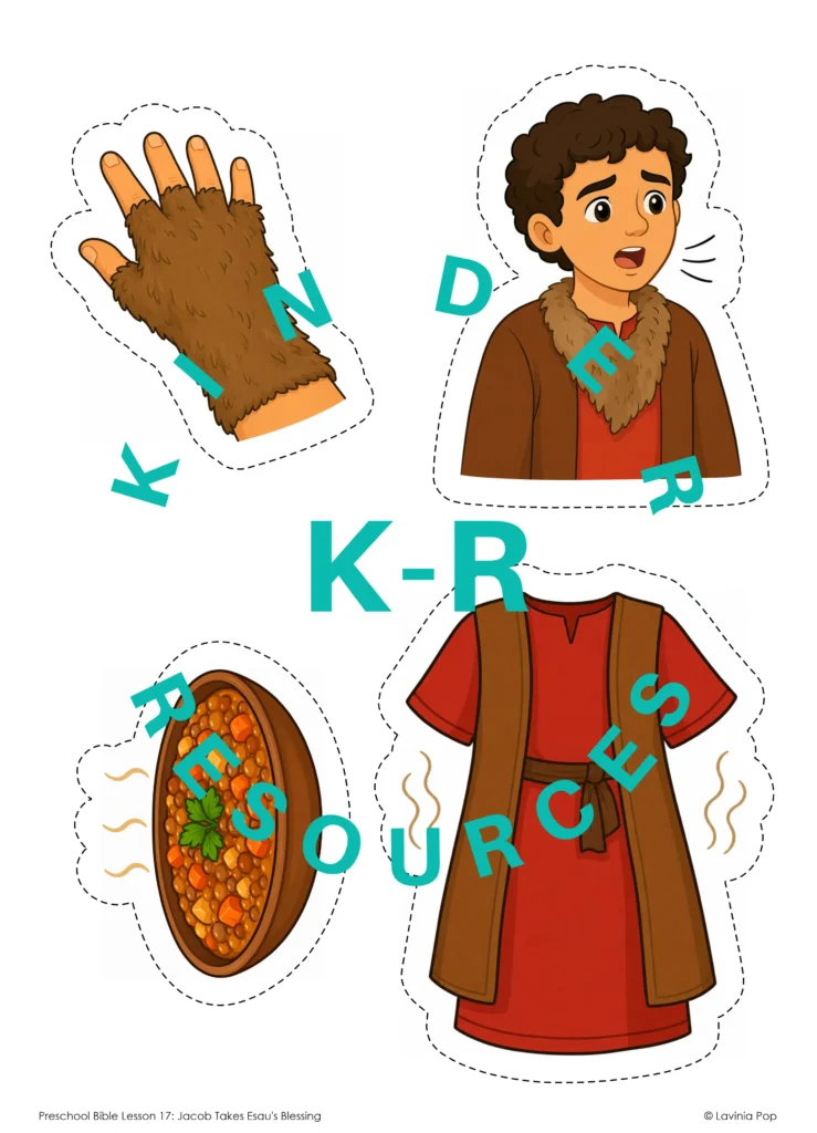 Printable Isaac’s Senses activity pieces featuring Jacob speaking, a goatskin hand, Esau’s clothes, special food, and four sense pictures.