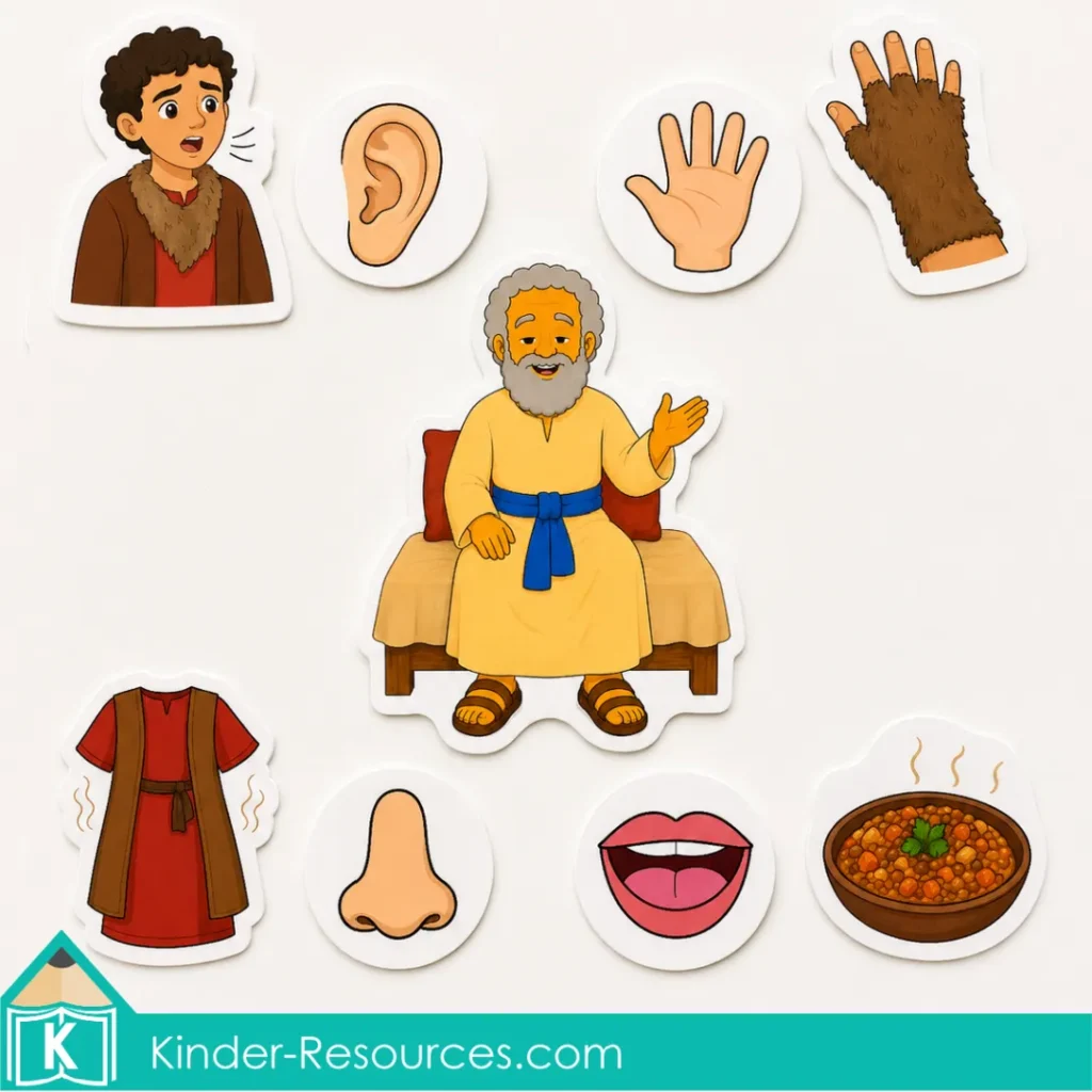 Completed Isaac’s Senses matching activity with Jacob’s voice beside the ear, goatskin beside the hand, clothes beside the nose, and food beside the mouth.