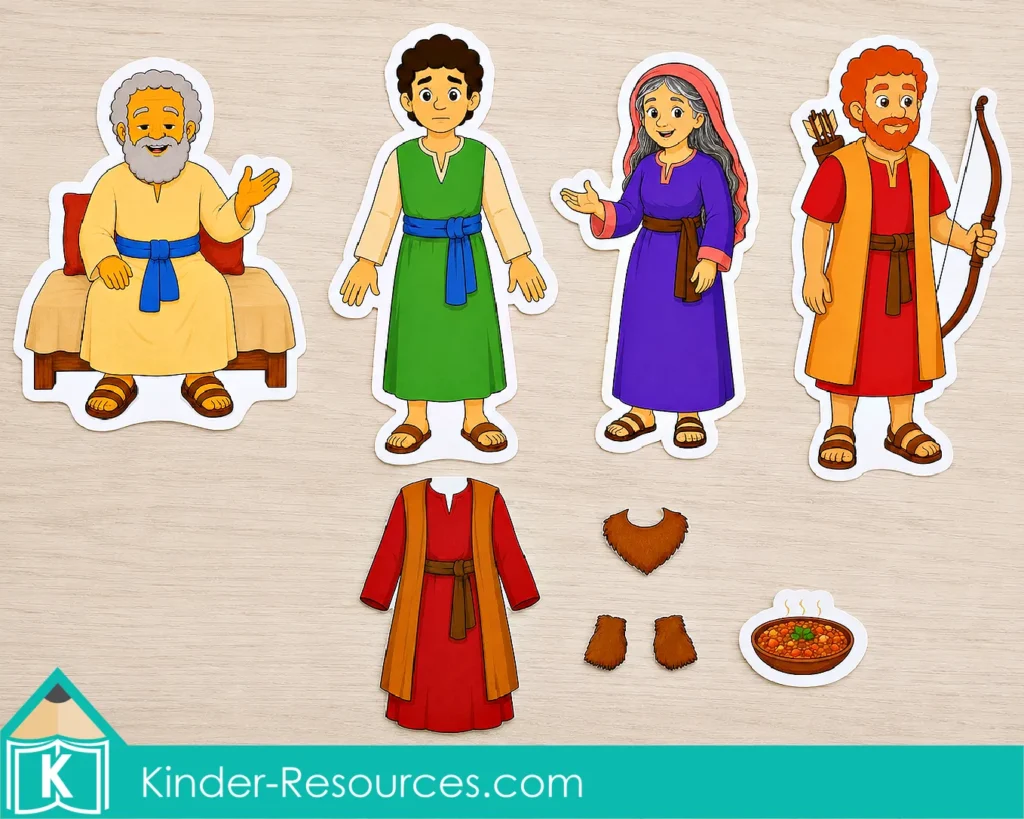 Printable retelling set with Isaac, Jacob, Rebekah, Esau, removable clothing, goatskin pieces, and special food arranged on a light wood table.