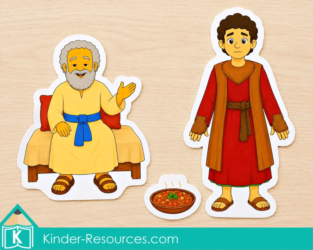 Preschool Bible retelling scene with Isaac seated on his bed, Jacob dressed in Esau’s clothes and goatskins, and a bowl of special food.