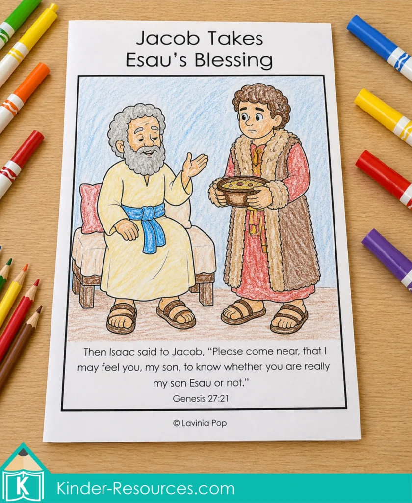Jacob Takes Esau’s Blessing take home page colored with crayons and displayed with Crayola markers and colored pencils on a wood table.