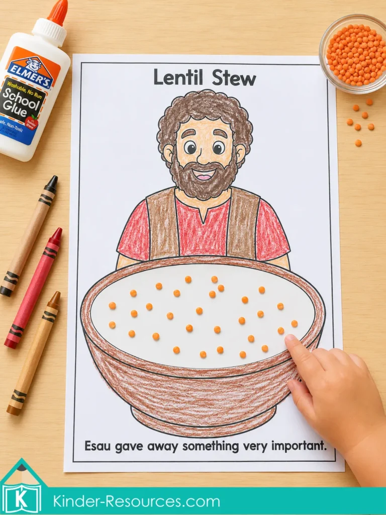 Preschool child adding real red lentils to the Jacob and Esau Lentil Stew craft beside crayons, a bowl of lentils, and Elmer’s School Glue.