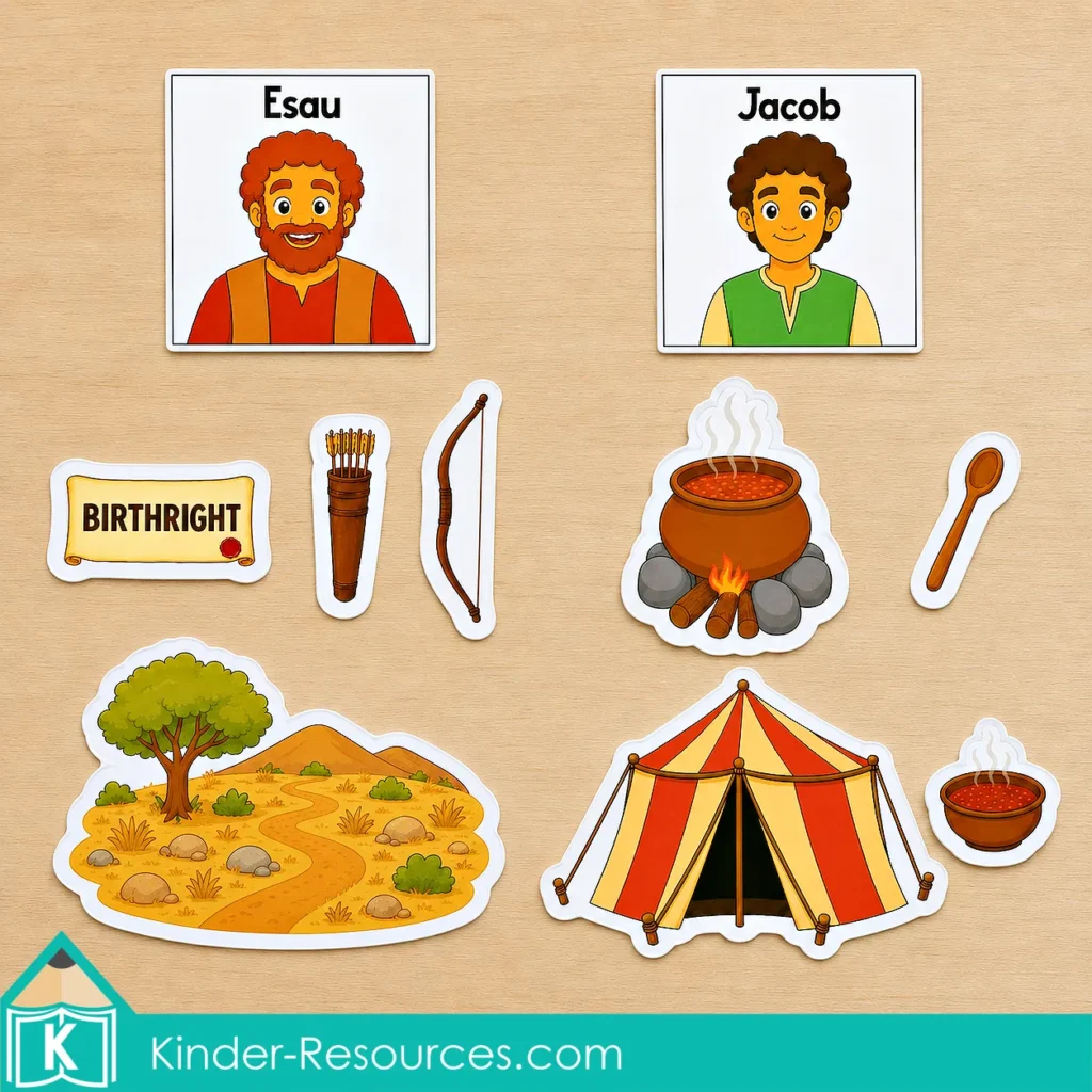 Completed Jacob or Esau sorting activity with picture cards for the birthright, hunting equipment, outdoor scene, tent, stew, pot, and spoon.