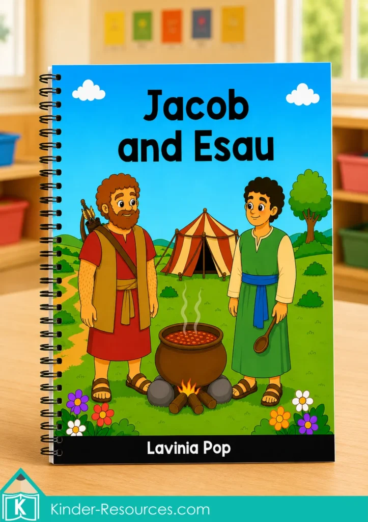 Jacob and Esau preschool Bible storybook displayed with crayons and colored pencils, showing the brothers beside the lentil stew and birthright card.