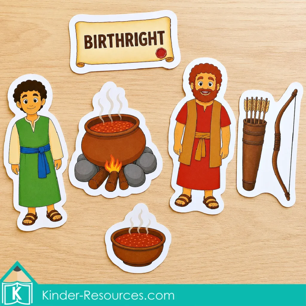 Jacob and Esau printable retelling pieces arranged with the birthright card, cooking pot, bowl of stew, and Esau’s bow and arrows.