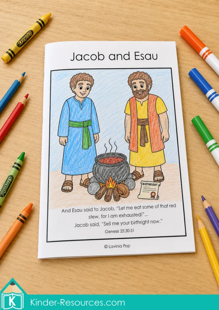 Completed Jacob and Esau take home booklet cover colored by a child, showing the brothers beside a pot of red lentil stew and the birthright card.