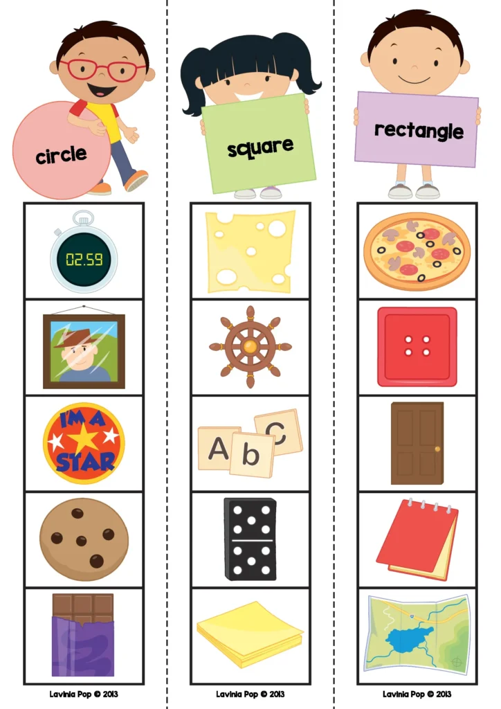 Back to School Math Centers for Kindergarten clip the real-life 2D shape activity with circle, square, and rectangle sorting cards.
