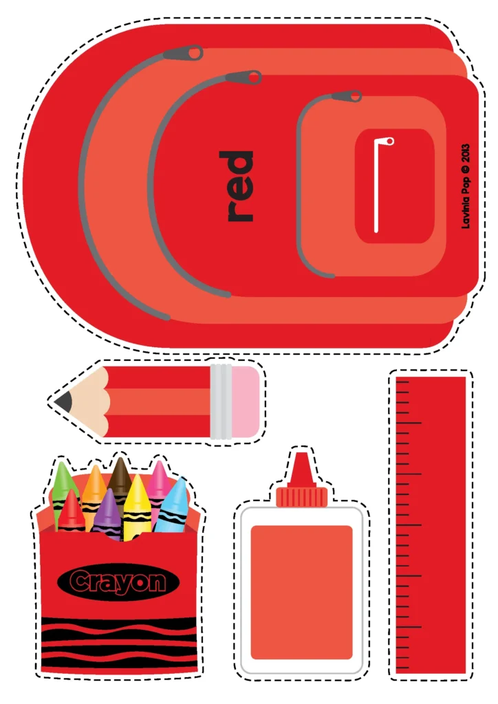 Back to School Math Centers for Kindergarten red color sorting activity with backpack, pencil, crayons, glue, and ruler cards.