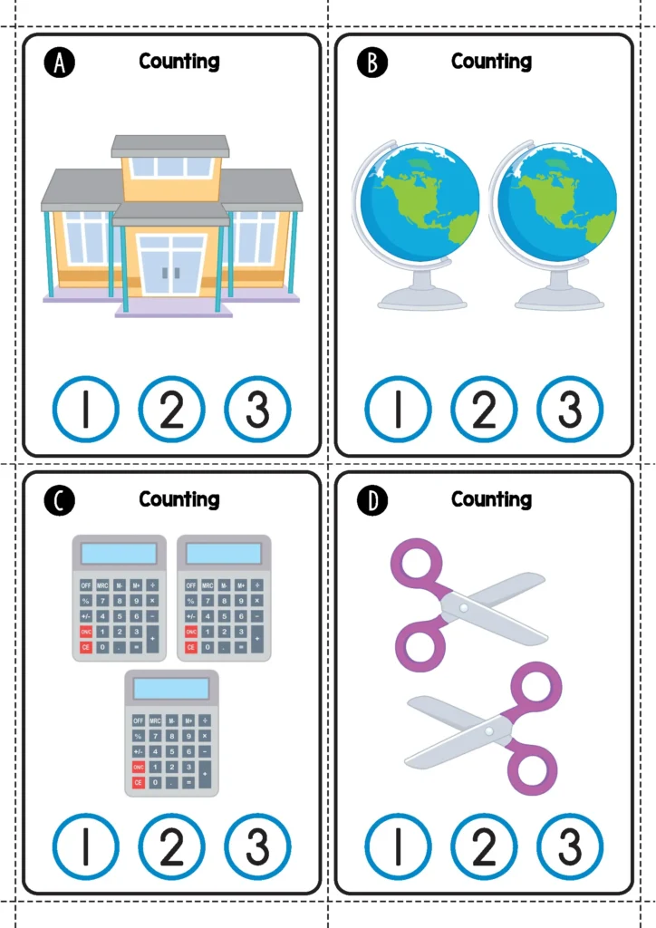 Back to School Math Centers for Kindergarten count and clip cards with school-themed objects and number choices for counting practice.