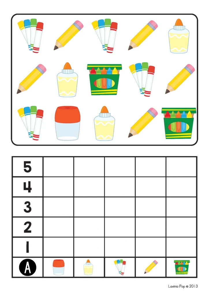 Back to School Math Centers for Kindergarten count and graph worksheet with school supplies, tallying, graphing, and data practice.